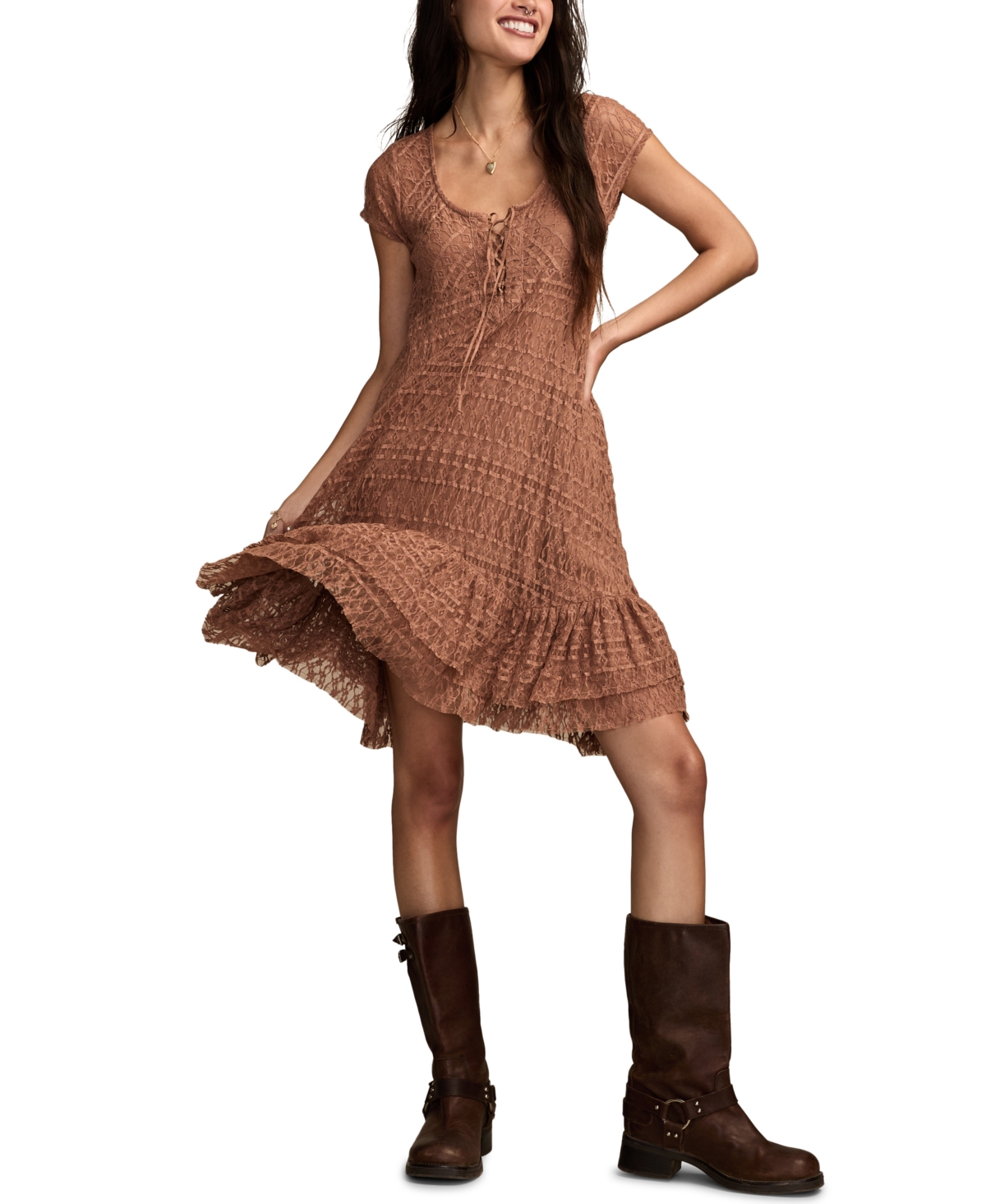 Lucky Brand Women's Lace Short Sleeves Mini Dress In Brown