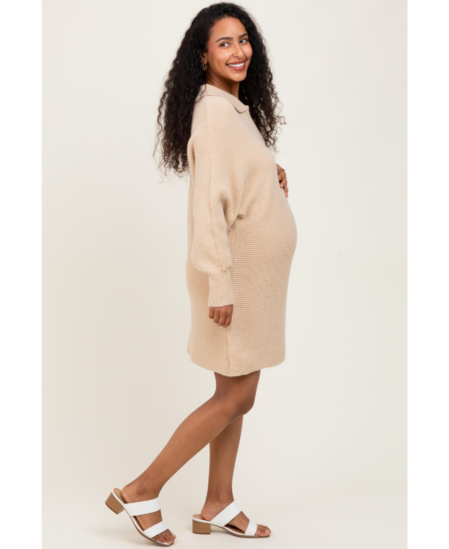 Women's Taupe Chunky Knit Collared Sweater Dress