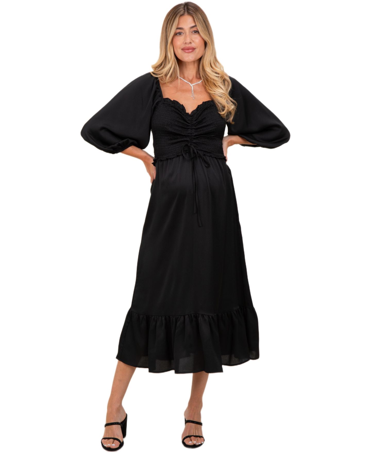 Женское платье Pinkblush Black Satin Smocked Cinched Bust Midi, цвет: Чёрный — фото 1