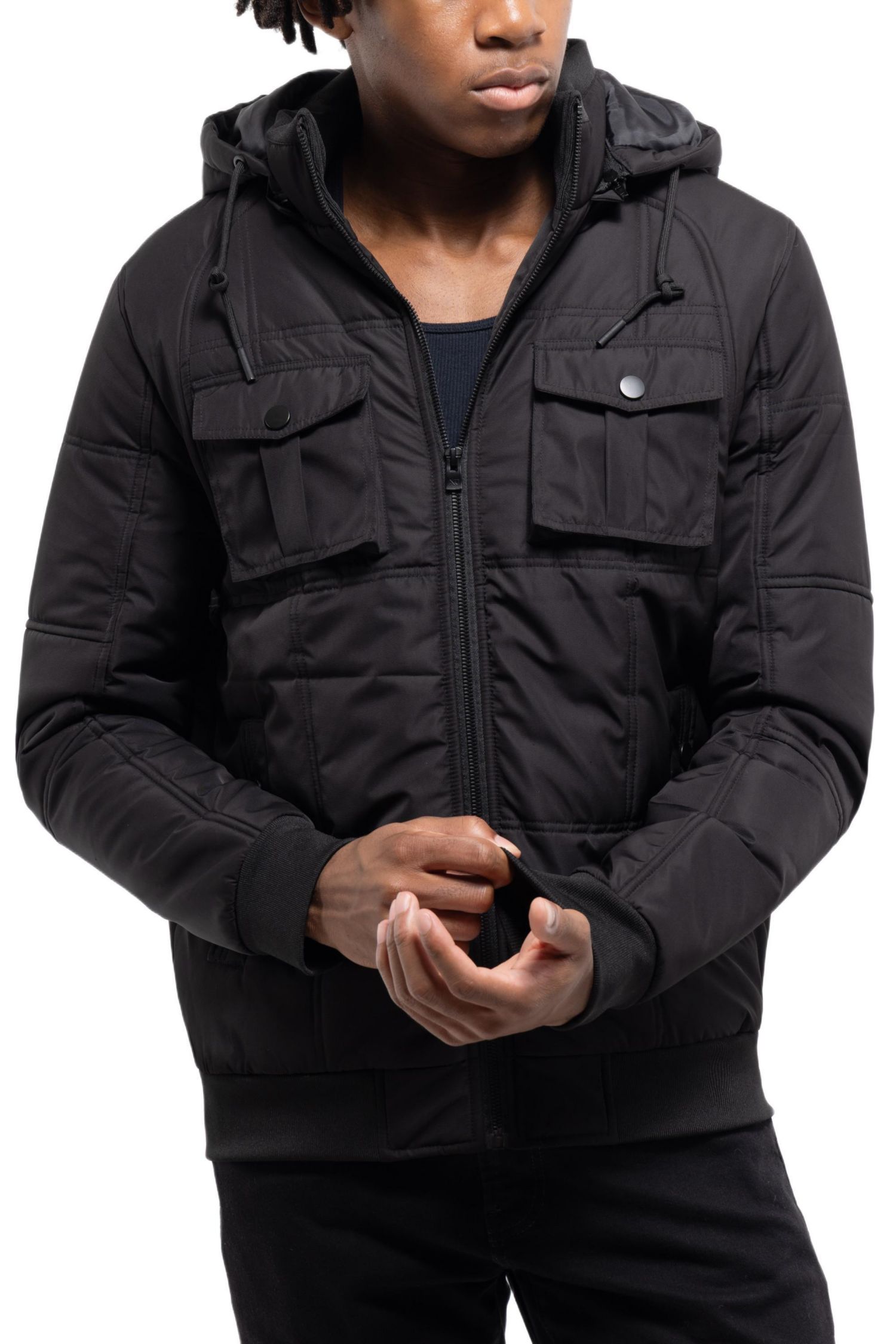 Men's Hooded Puffer Jacket With Patch Chest Pockets
