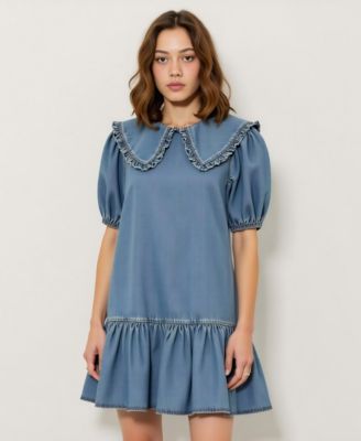 Women's Ruffled Collar Short Dress with Puff Sleeves and Tiered Hem