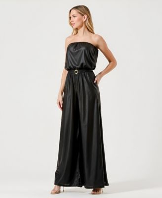 Women's Strapless Satin Belted Jumpsuit