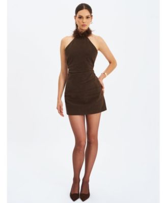 Women's Yael Espresso Suede Faux Fur Halter Mini Dress