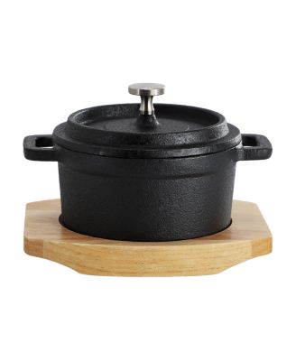 6 Piece Cast Iron 8 Ounce Mini Dutch Oven with Wood Tray