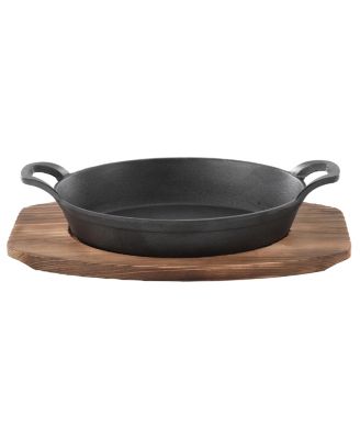 4 Piece Mini Cast Iron Oval Pan with Wood Tray Set