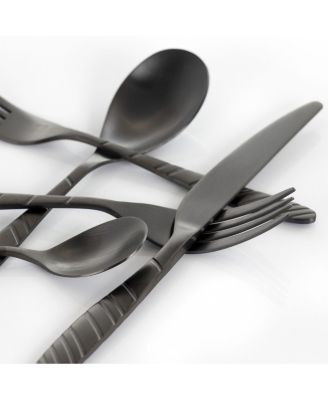 La Vague 20 Piece Flatware Utensil Set, Stainless Steel Silverware Metal Service for 4 in Matte Black
