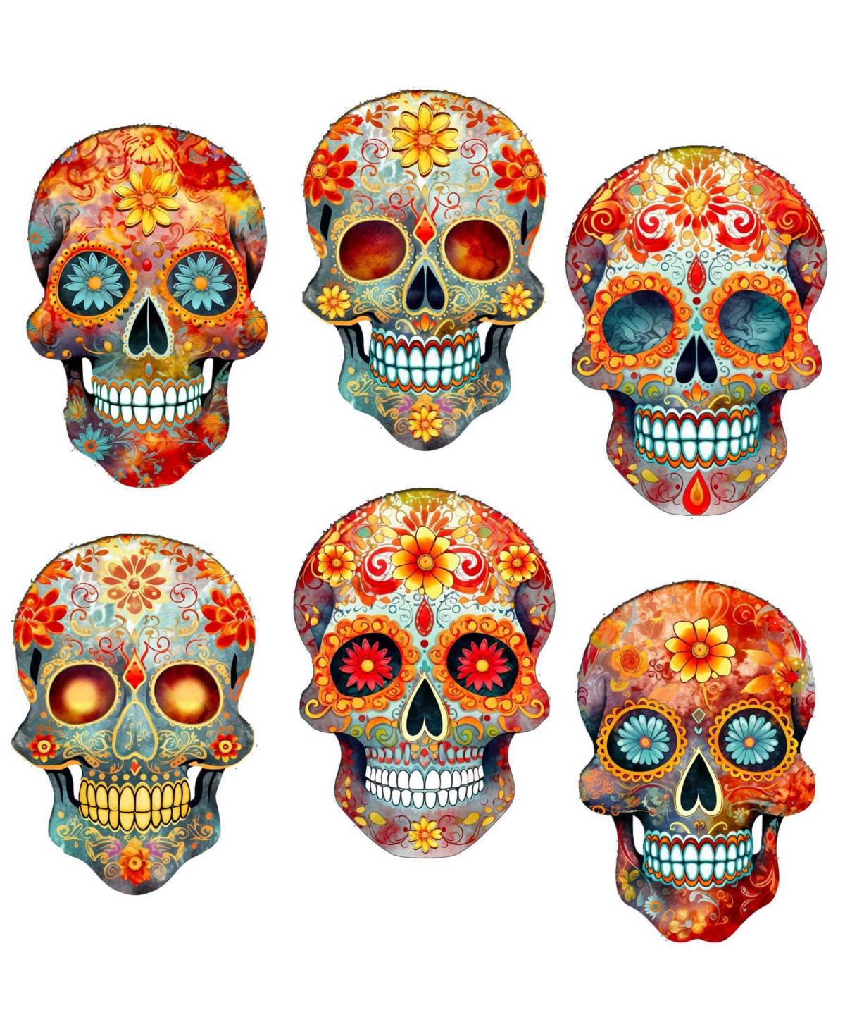 Designocracy Sugar Skulls Wood Clip-on Ornaments, Set Of 6 In Multi