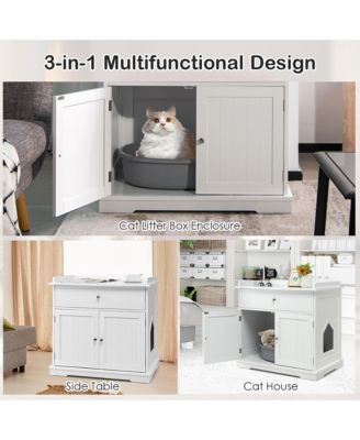 Wooden Cat Litter Box Enclosure w/ Drawer Side Table Furniture