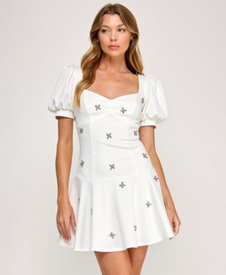 City Studios - Women's Drop Waist Puff Sleeve Short Dress
