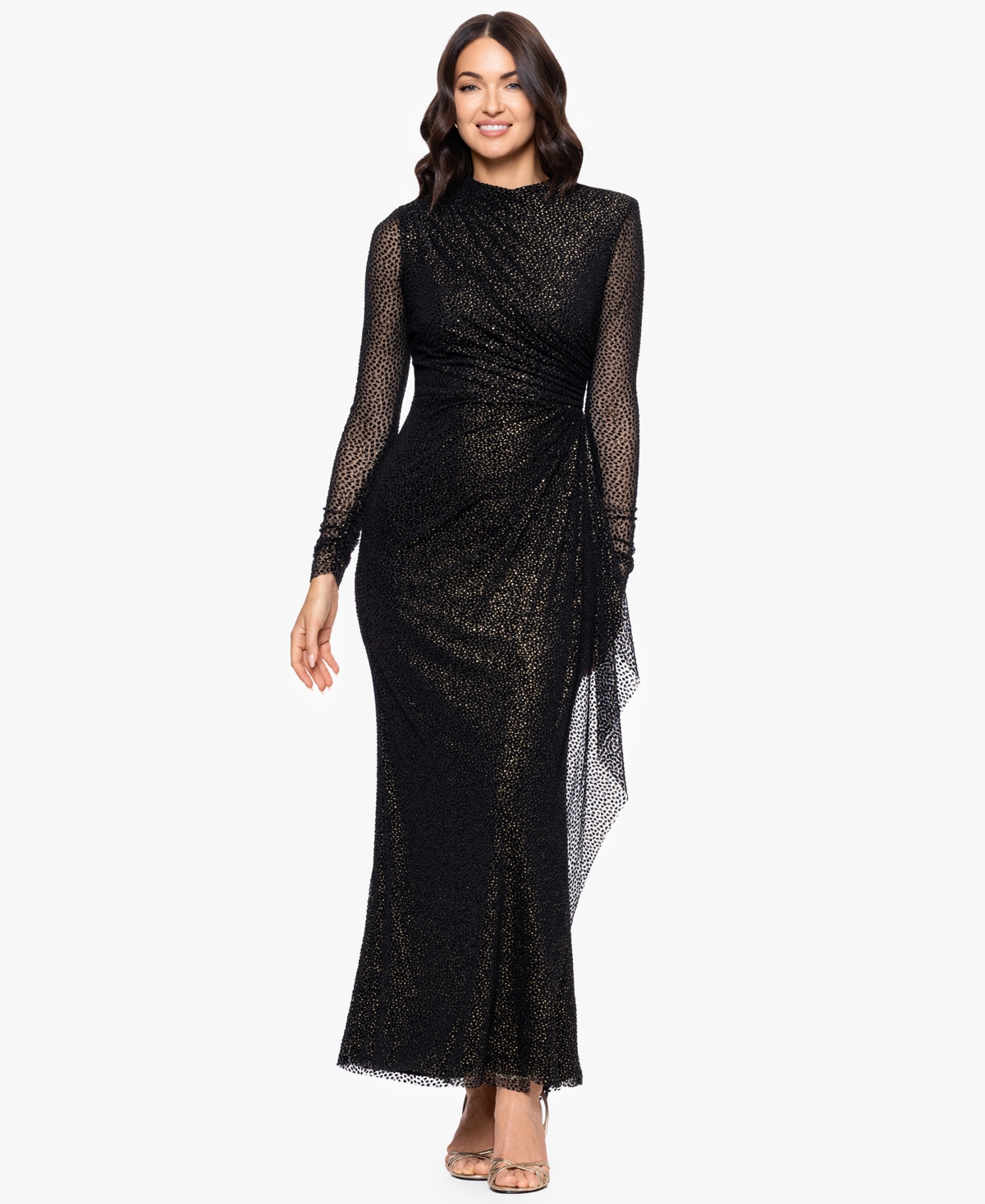 Betsy & Adam Petite Burnout Long Sleeve Gown In Black