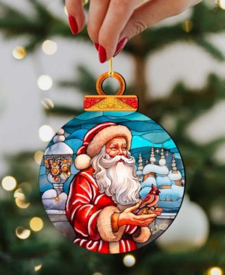 Santa with Cardinal Wooden Ornament