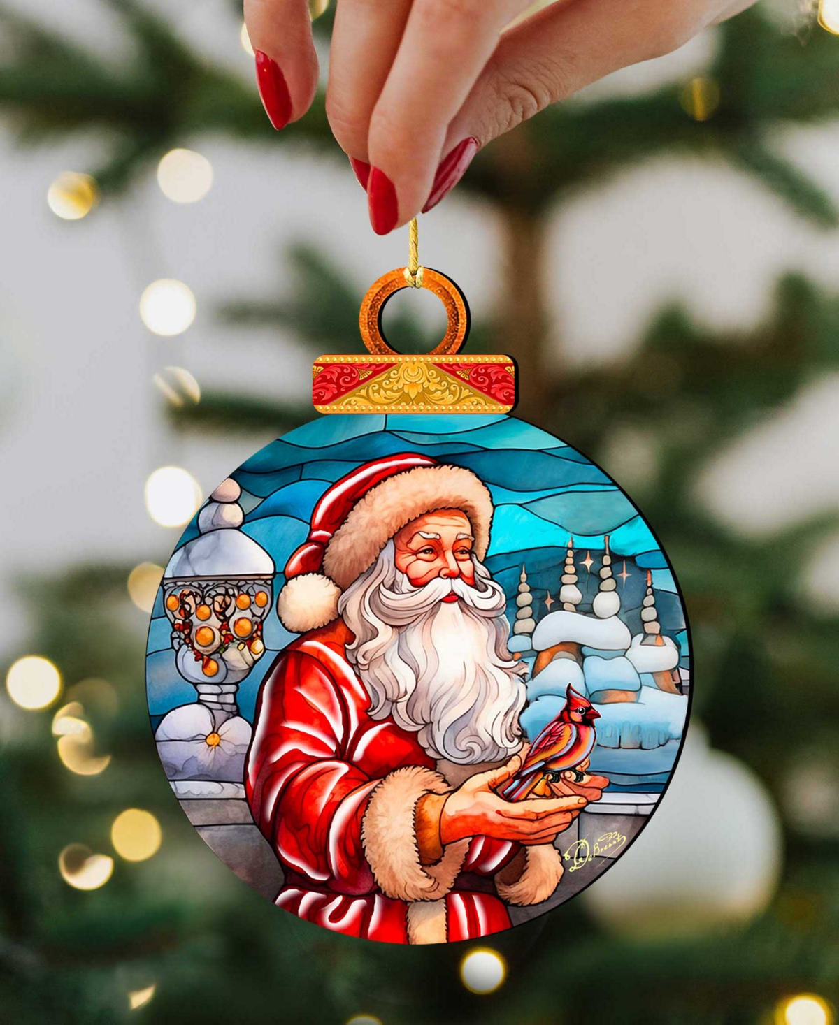 Designocracy Santa With Red Cardinal Wooden Ornament In Multi