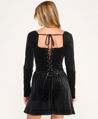 Juniors' Velvet Drop Waist Embroidered Dress