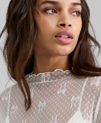 Women's Bow-Motif Lace Mock Neck Top, Macy's Exclusive