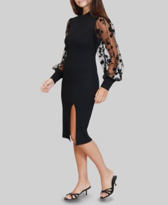 Junior's Flocked Flower Mock Neck Sweater Dress