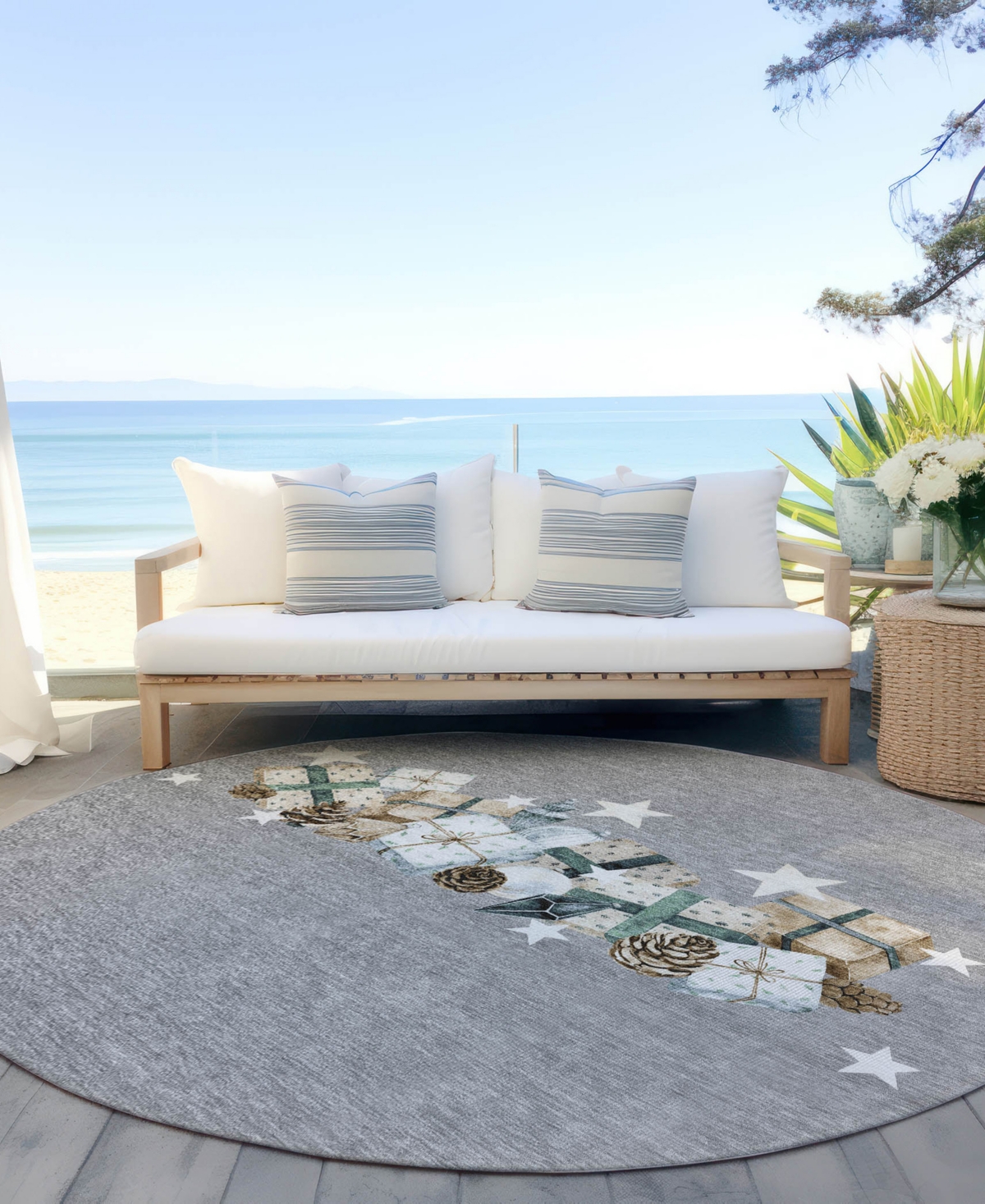 Addison Holiday Washable Indoor/outdoor Acn1825 8'x8' Round Area Rug In Gray