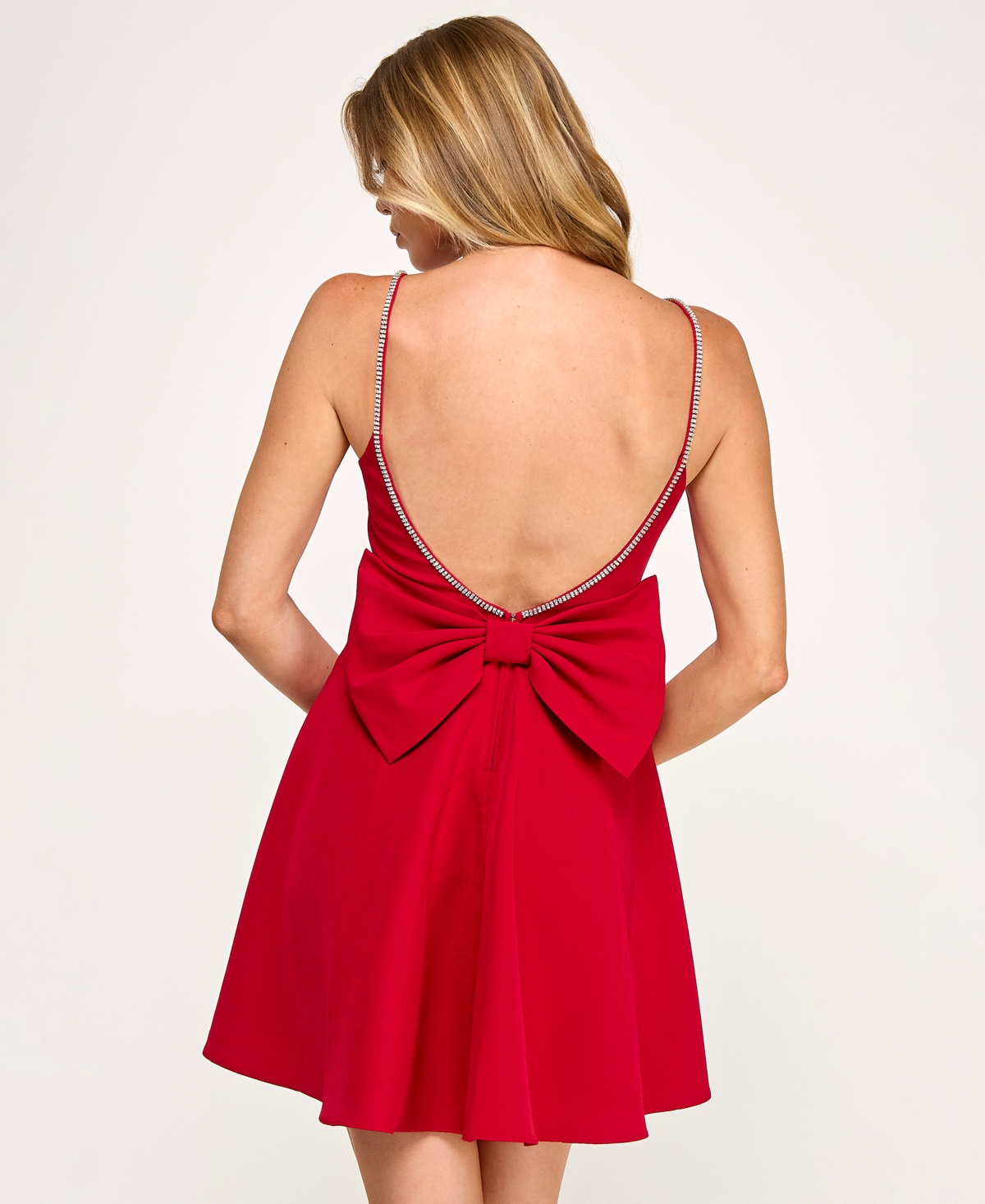 City Studios Juniors' Square Neck Rhinestone Trimmed Straps Dress In Red