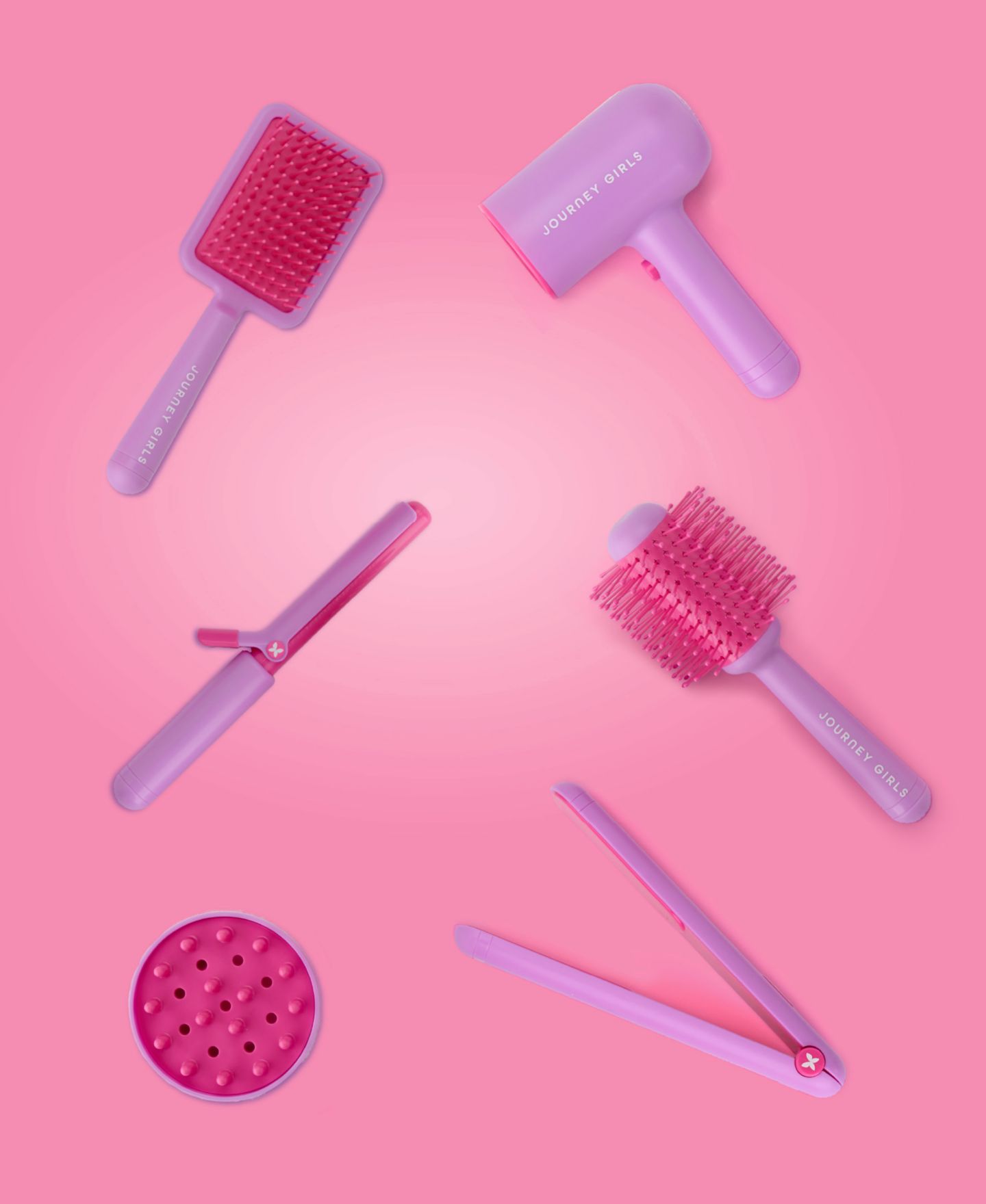 Детский игровой набор Journey Girls Glam Studio Light-Up Hair Dryer 7-Piece Playset, Ages 3+, цвет: Розовый / Фиолетовый — фото 4