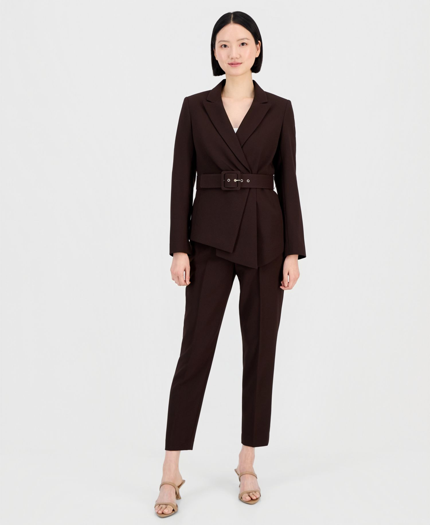 Women's Belted Asymmetrical Jacket & Slim-Fit Pantsuit Set