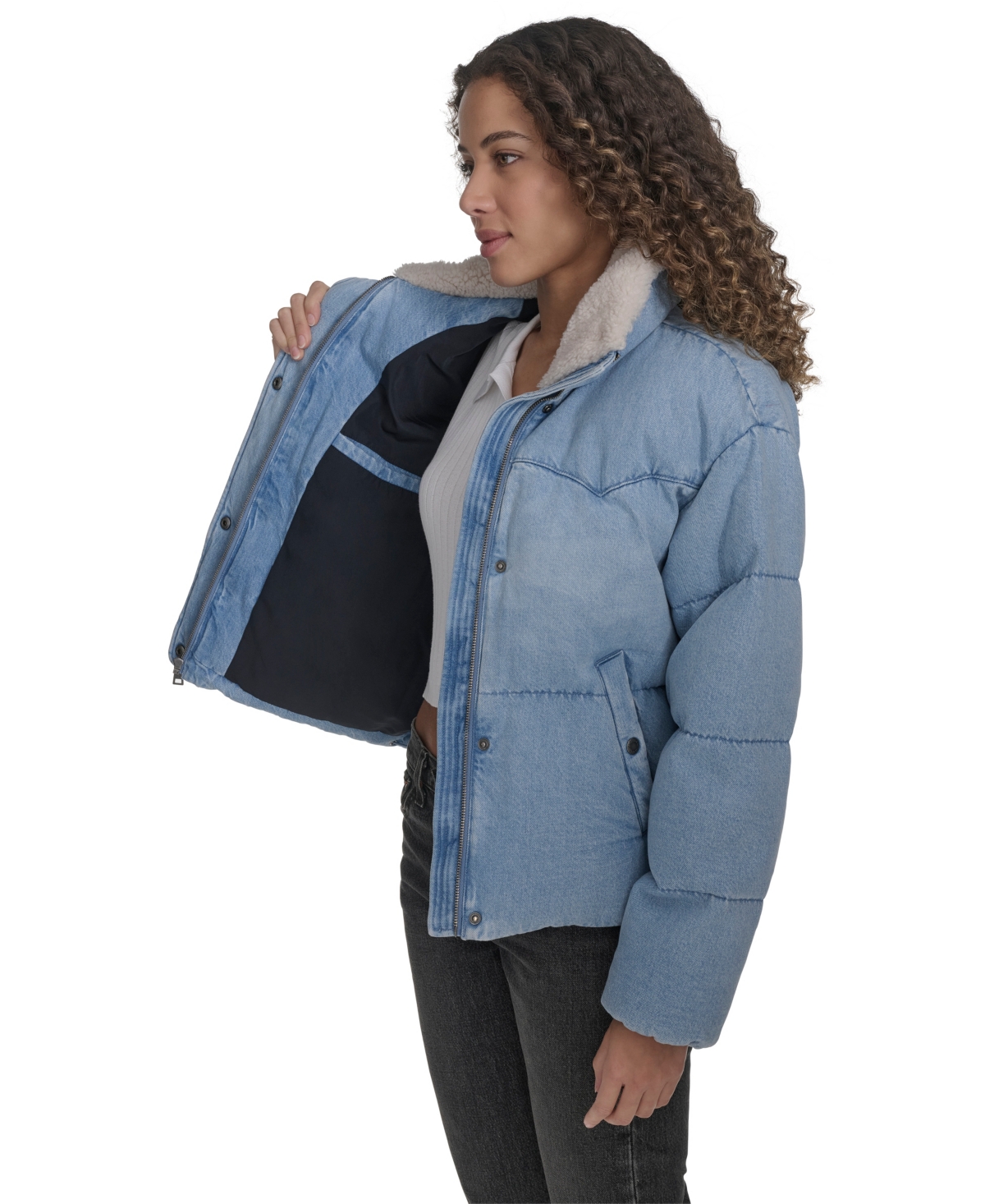 Levi's Western Denim Faux Shearling Collar Puffer Jacket In Blue