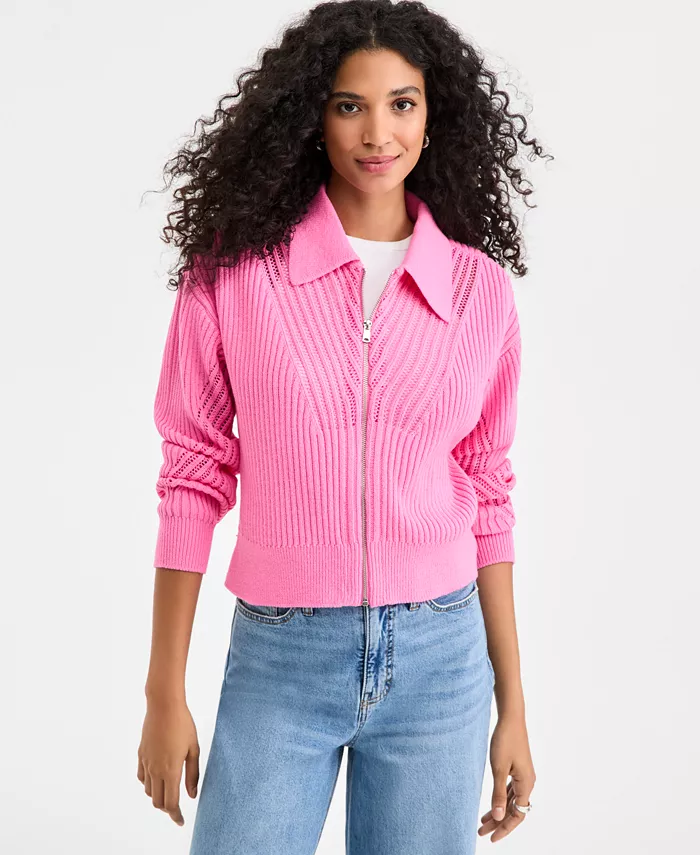 Women's Pointelle Zip Cardigan Sweater