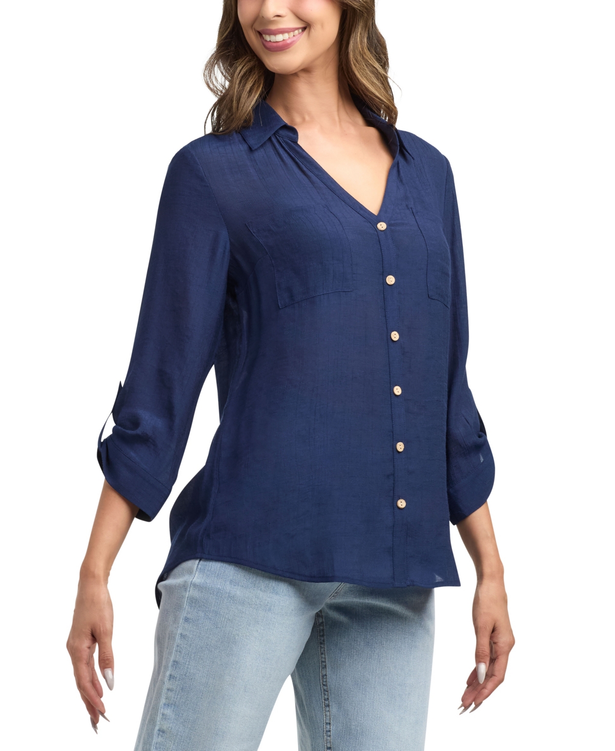 Bcx Women's Resort Gauzy Texture Collared Button Up Shirt In Blue