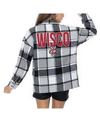 Gameday Couture - Women's Grey Wisconsin Badgers Long Sleeve Brushed Plaid Button-Up Overshirt Jacket