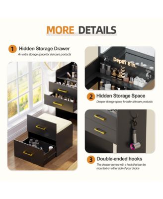 3-in-1 Vanity Desk with Flip Mirror, Glass Top, 3 Drawers