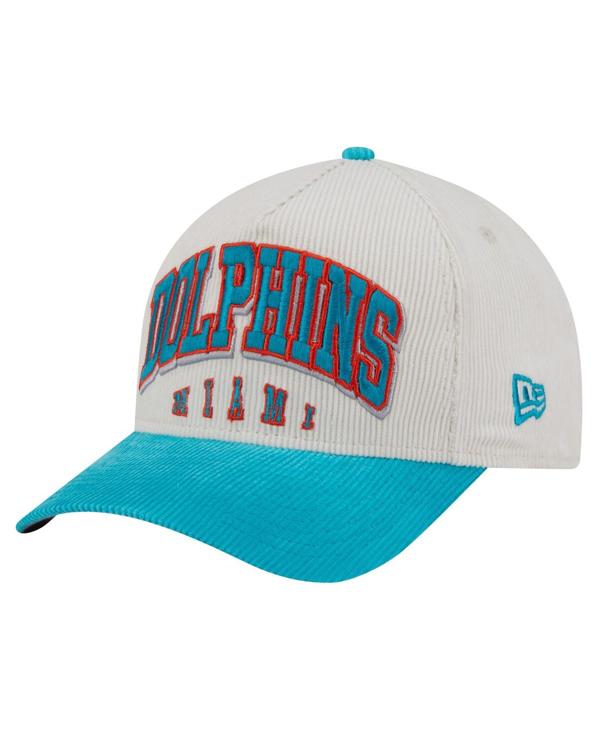 New Era Men'sâ Cream/aqua Miami Dolphins Throwback Two-tone Sided Corduroy 9forty A-frame Adjustable Hat In White