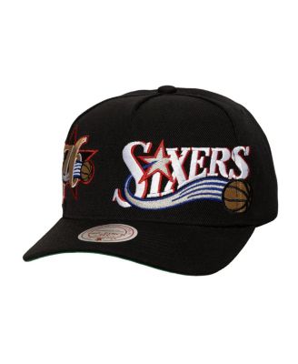 Mitchell & Ness - Men's Black Philadelphia 76ers Busted Logo Wordmark Wrap-Around Pro Pinch Adjustable Hat