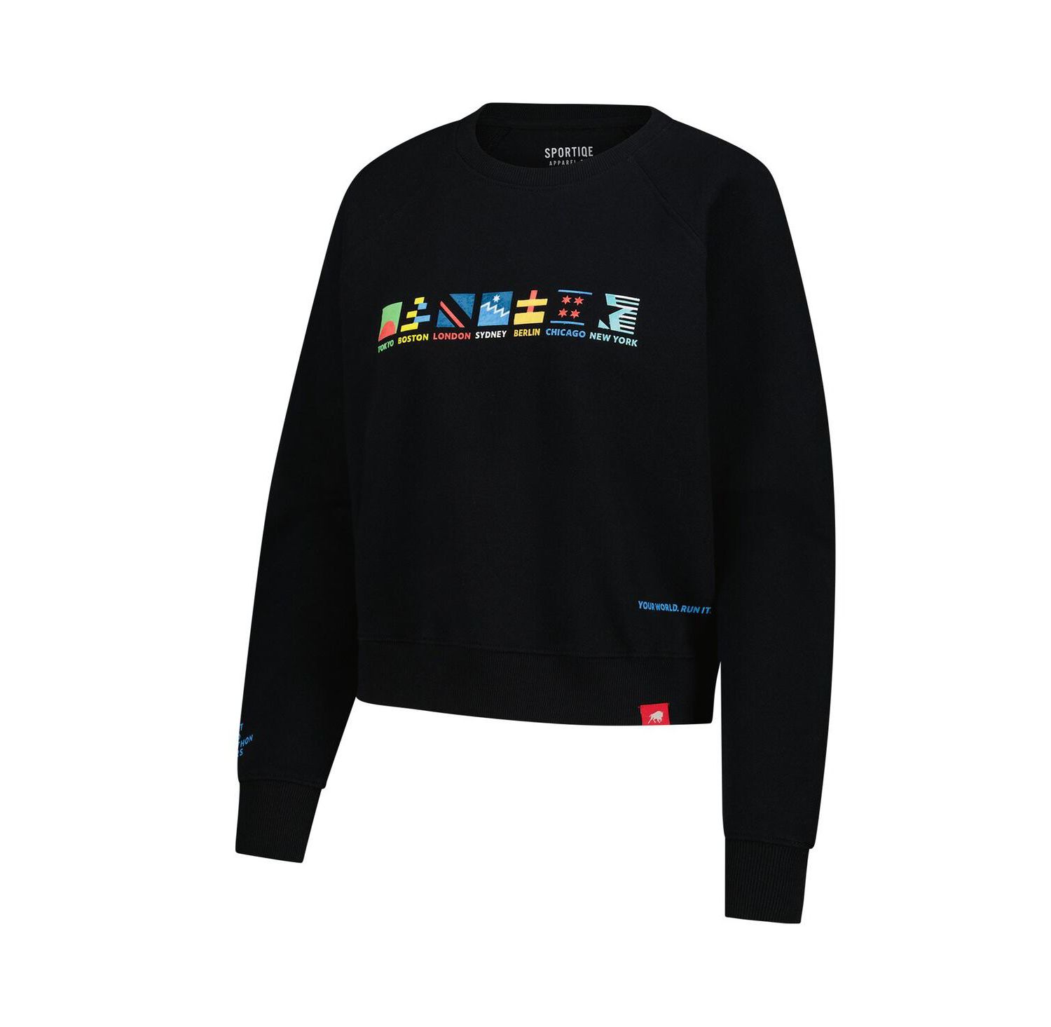 Women's Black Abbott World Marathon Majors Ashlyn French Terry Raglan Crewneck Sweatshirt