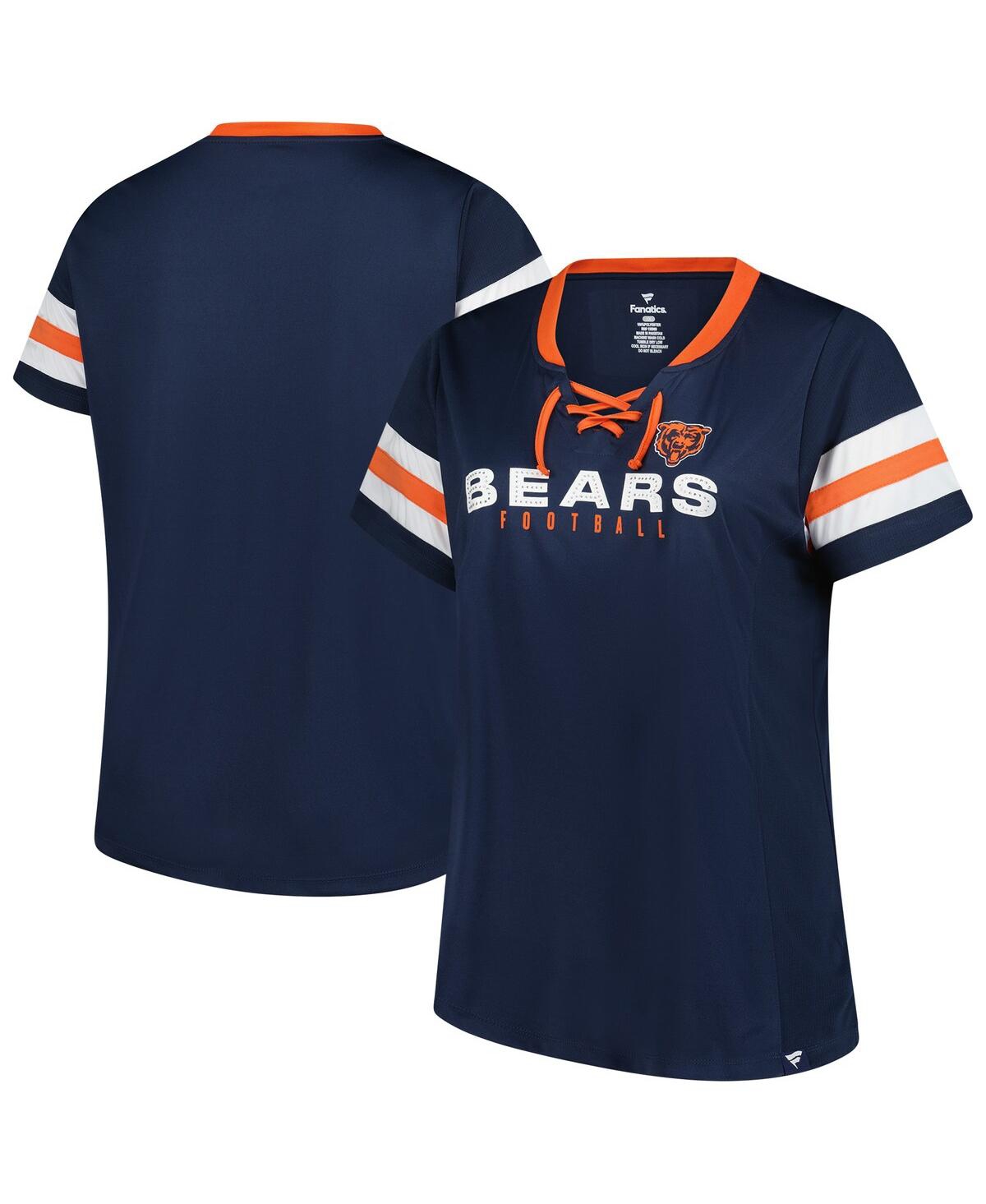 Fanatics Women's Navy Chicago Bears Plus Size Rhinestone Redzone Athena Lace-up Notch Neck T-shirt In Blue