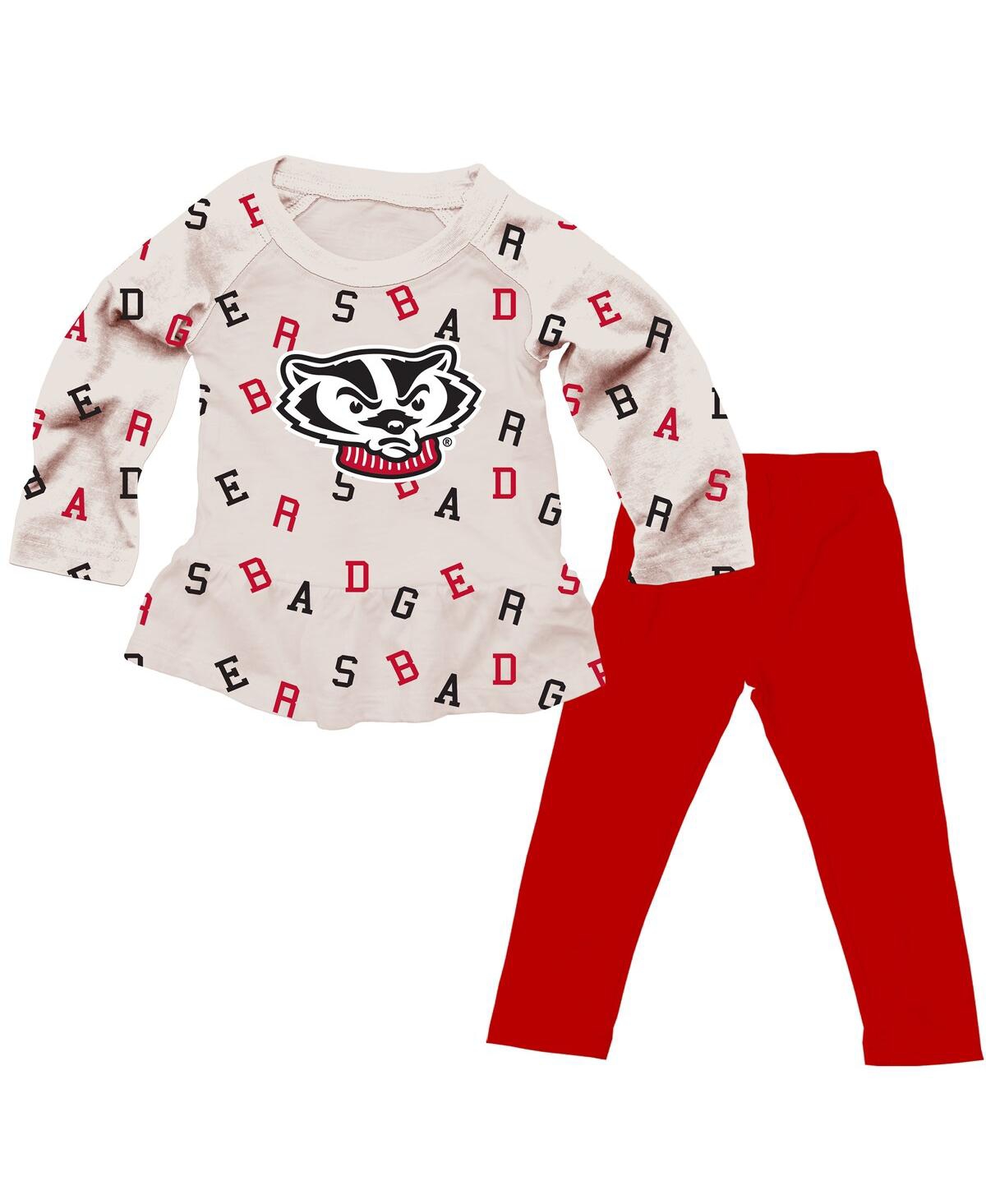 Wes & Willy Baby Girls 2-piece Oatmeal Wisconsin Badgers Ruffle Raglan Long Sleeve T-shirt And Leggings Set In Brown