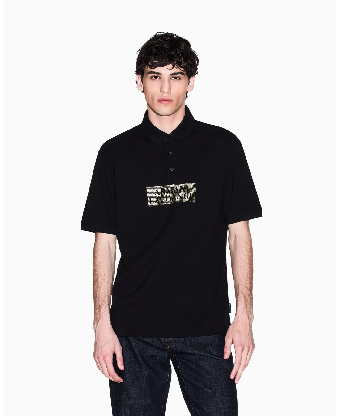 Мужское поло A|X Armani Exchange Gold Logo Polo Shirt, цвет: Чёрный, вариант 1 — фото 1