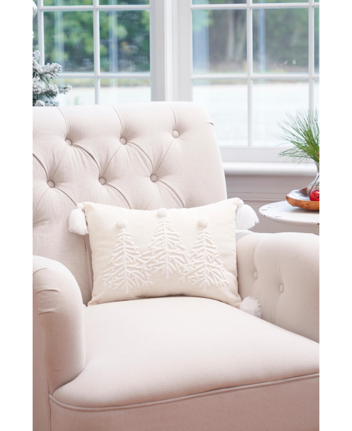 C&F HomeWhite Christmas Tree w/ Embellished Pearl Beads Cotton Blend Mini Accent Pillow 12" x 16"