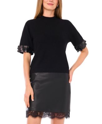 Women's Mock Neck Sequin Cuff Short Sleeve Sweater