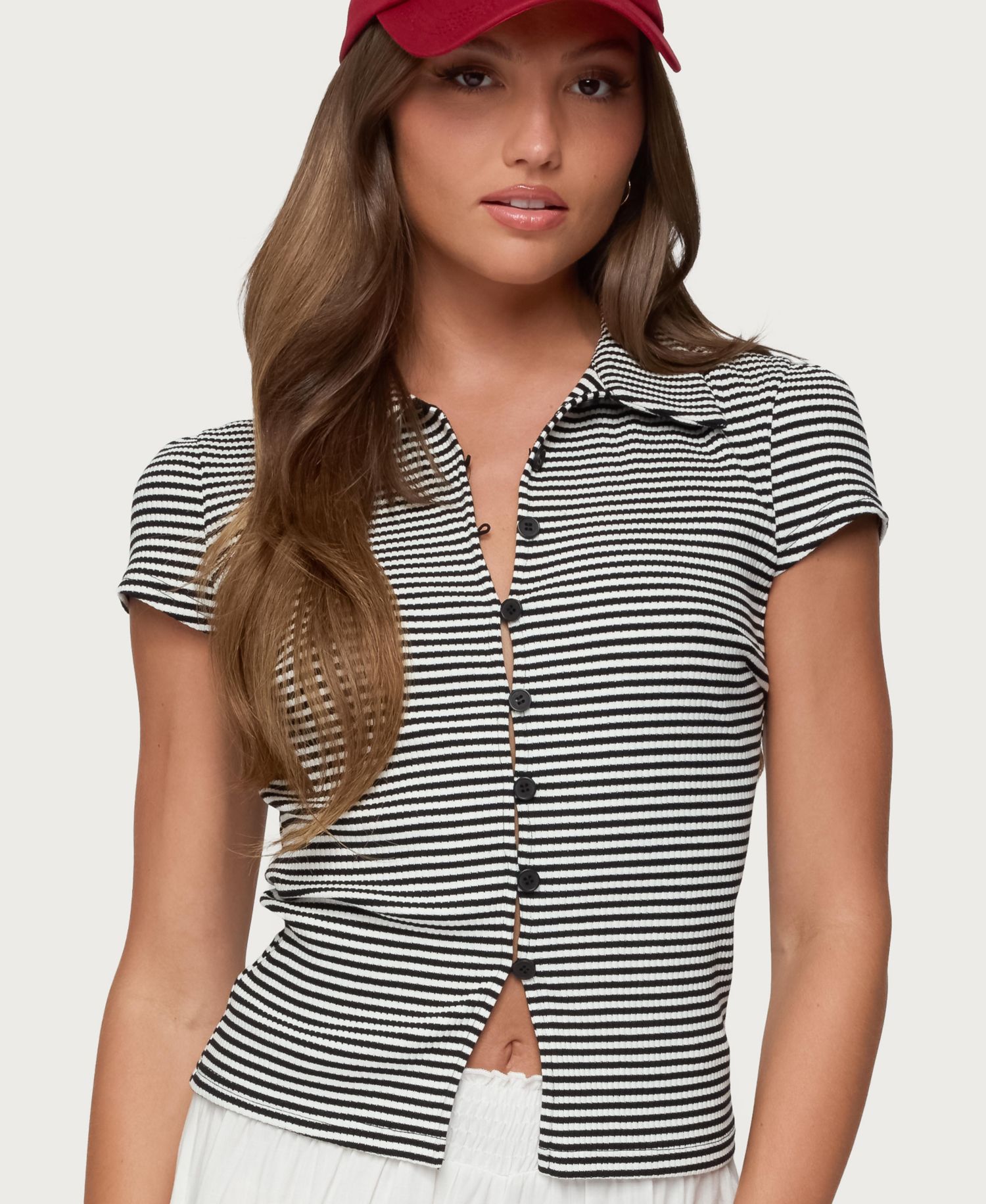 Women's Beau Striped Ribbed Button Up Top