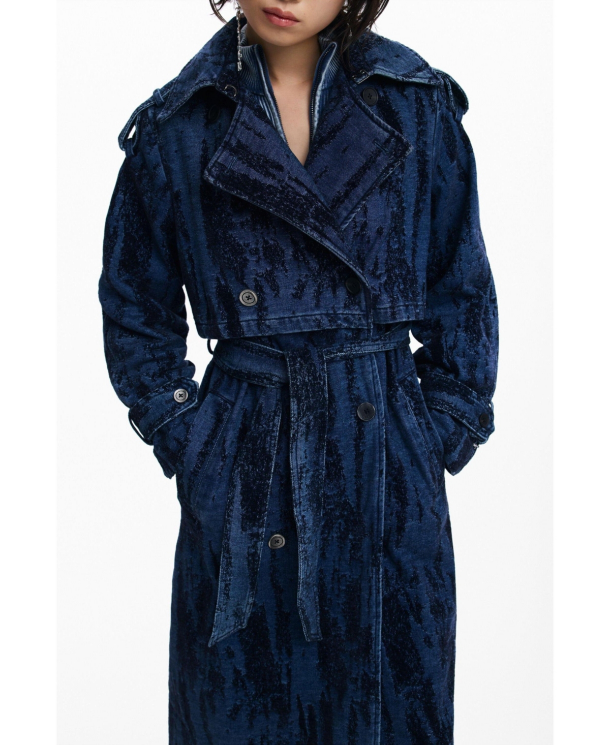 Desigual Women's Degraded Denim Trench Coat In Blue