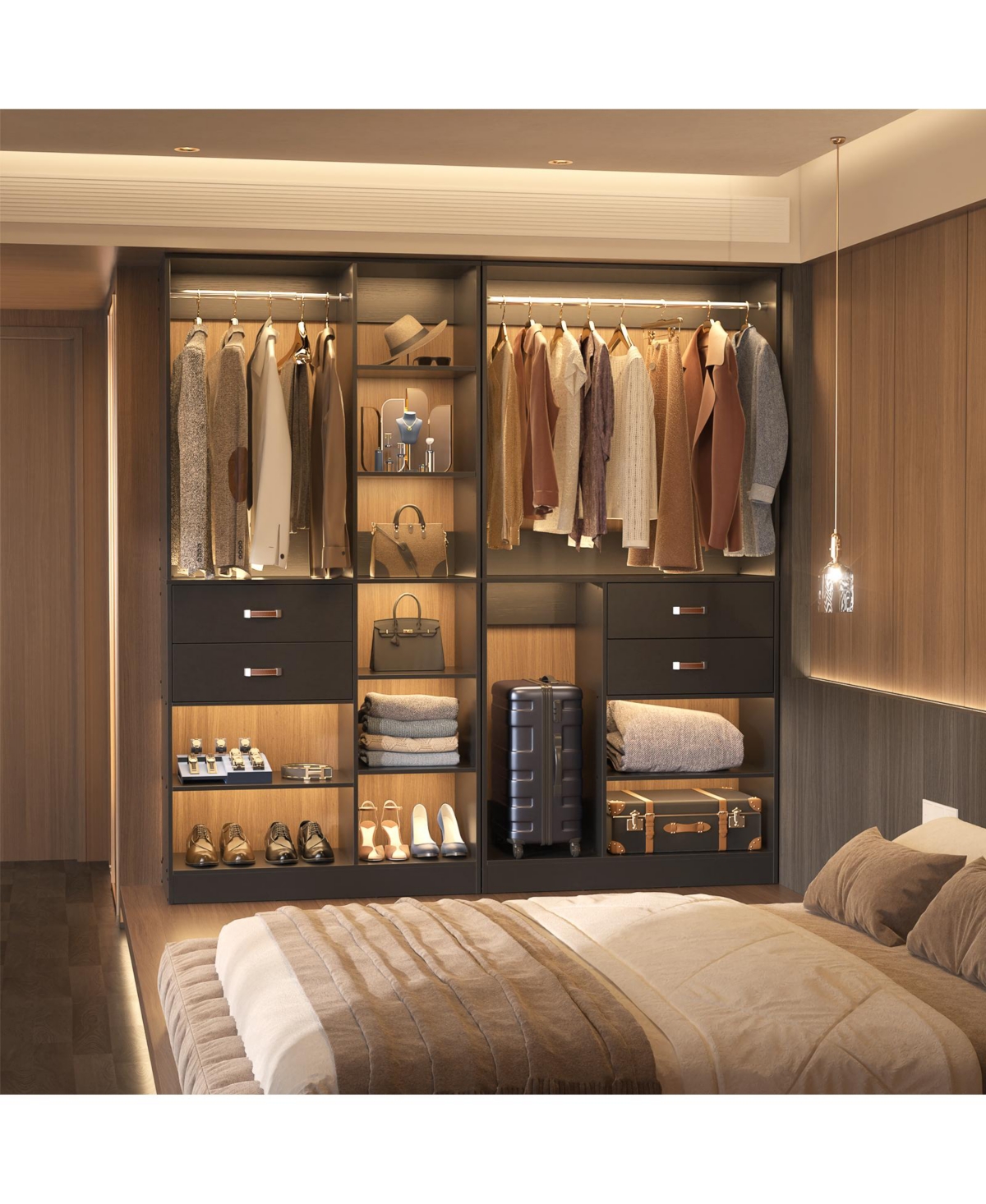 Aheaplus 8FT Walk Closet Organizer with 3 Shelving Towers, Heavy Duty Clothes Rack Drawers