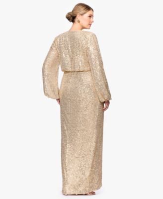 Plus Size Sequin V-Neck Long Bell Sleeve Gown