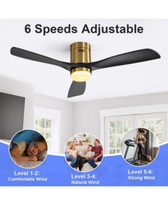 52-inch Modern Golden 3 Solid Wood Blades Flush Mount Tri color Adjustable Ceiling Fan Light with Remote Control