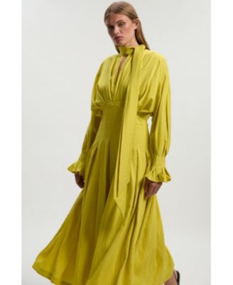 Women's Pleated Neck Tie Detail Woven Maxi Dress