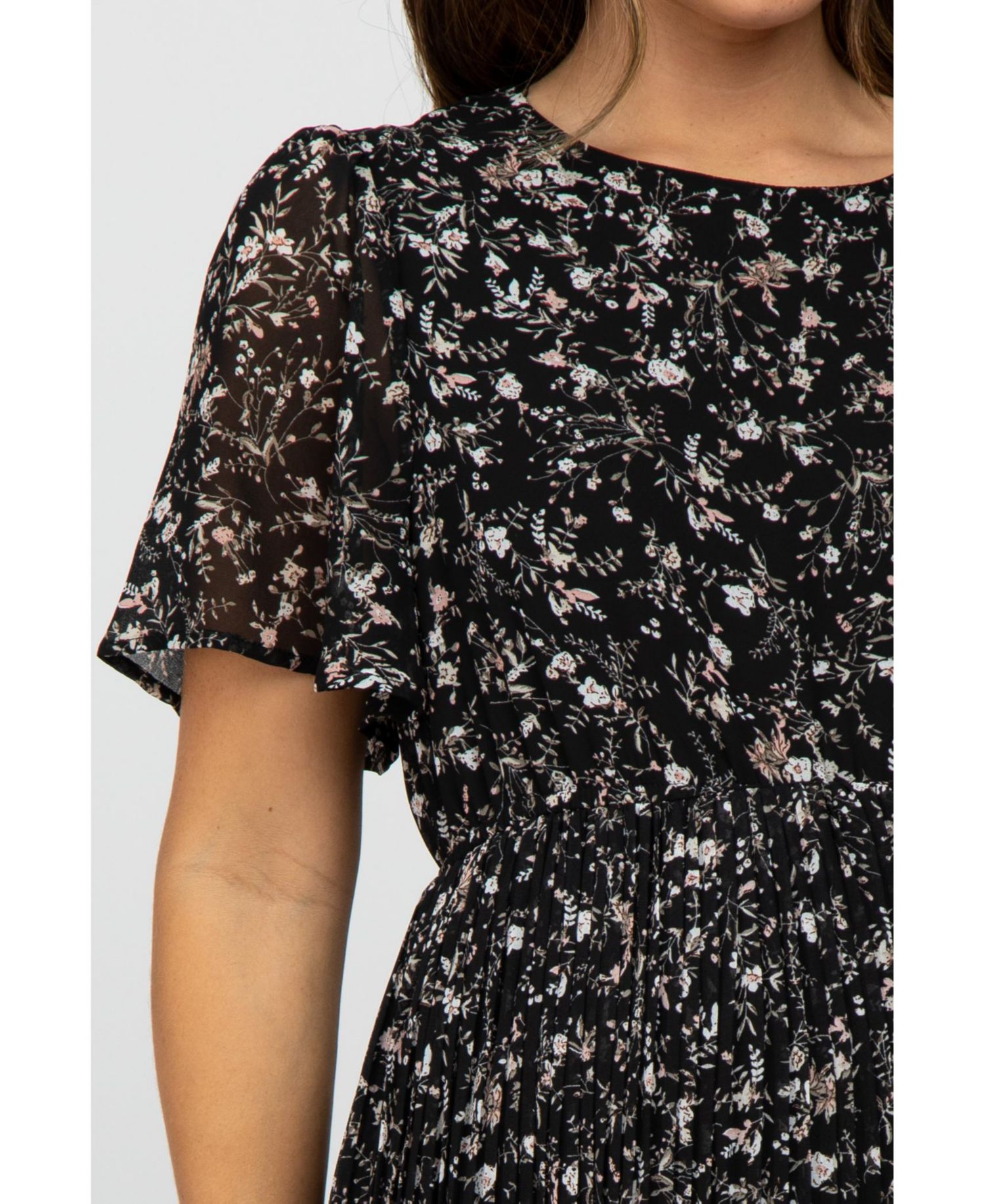 Women's Black Floral Pleated Short Sleeve Chiffon Midi Dress