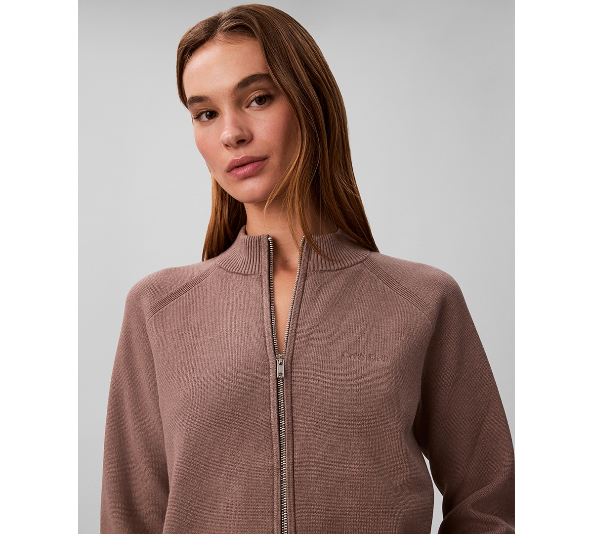 Calvin Klein Jeans Est.1978 Women's Technical Long Sleeve Mock Neck Cardigan Sweater In Brown