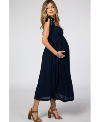 Maternity Navy Blue Smocked Tie Strap Midi Dress