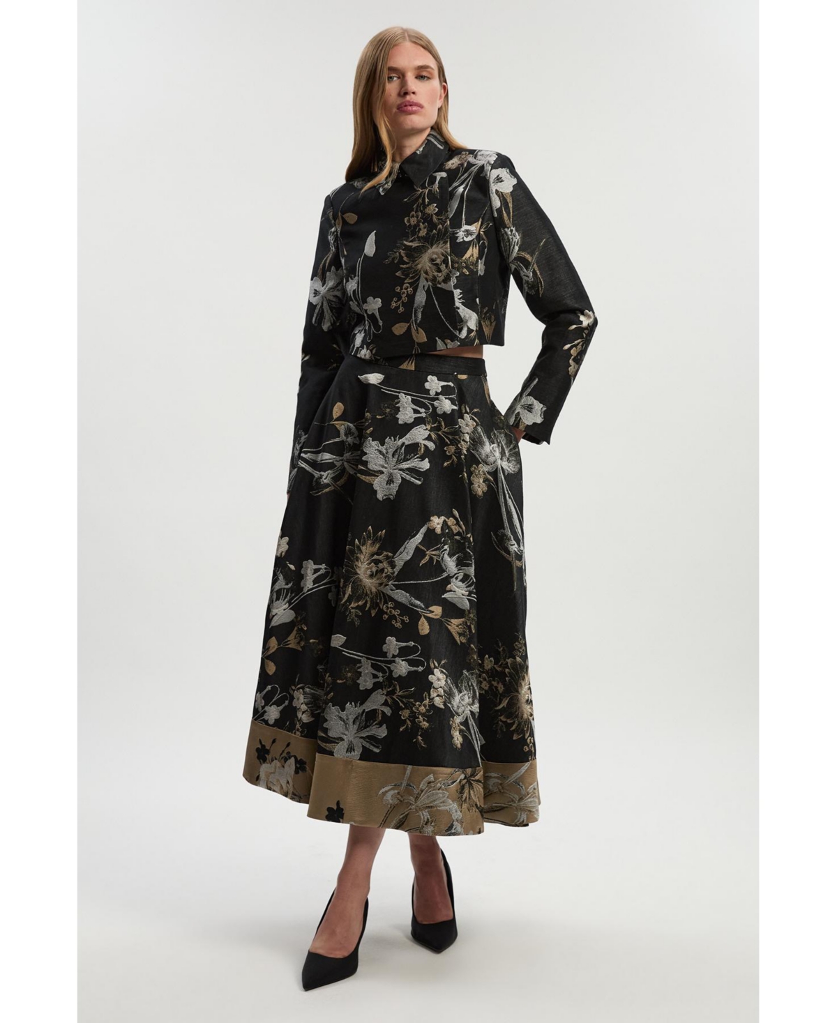 Karen Millen Women's Floral Jacquard Tailored Full Midi Skirt