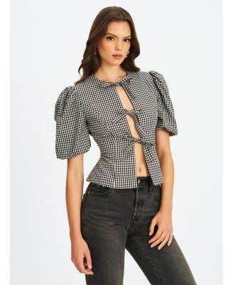 Women's Qusayla Black Gingham Bubble Sleeve Bowtie Top