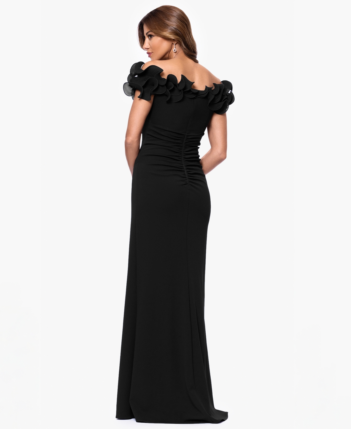 Xscape Petite Ruffled Sweetheart-neck Fit & Flare Gown In Black