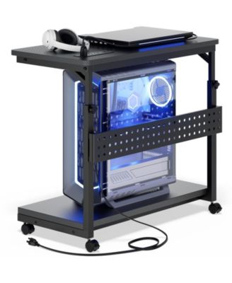 Height Adjustable Computer Tower Stand with Charging Station, Mobile Rolling CPU Holder with Wheels