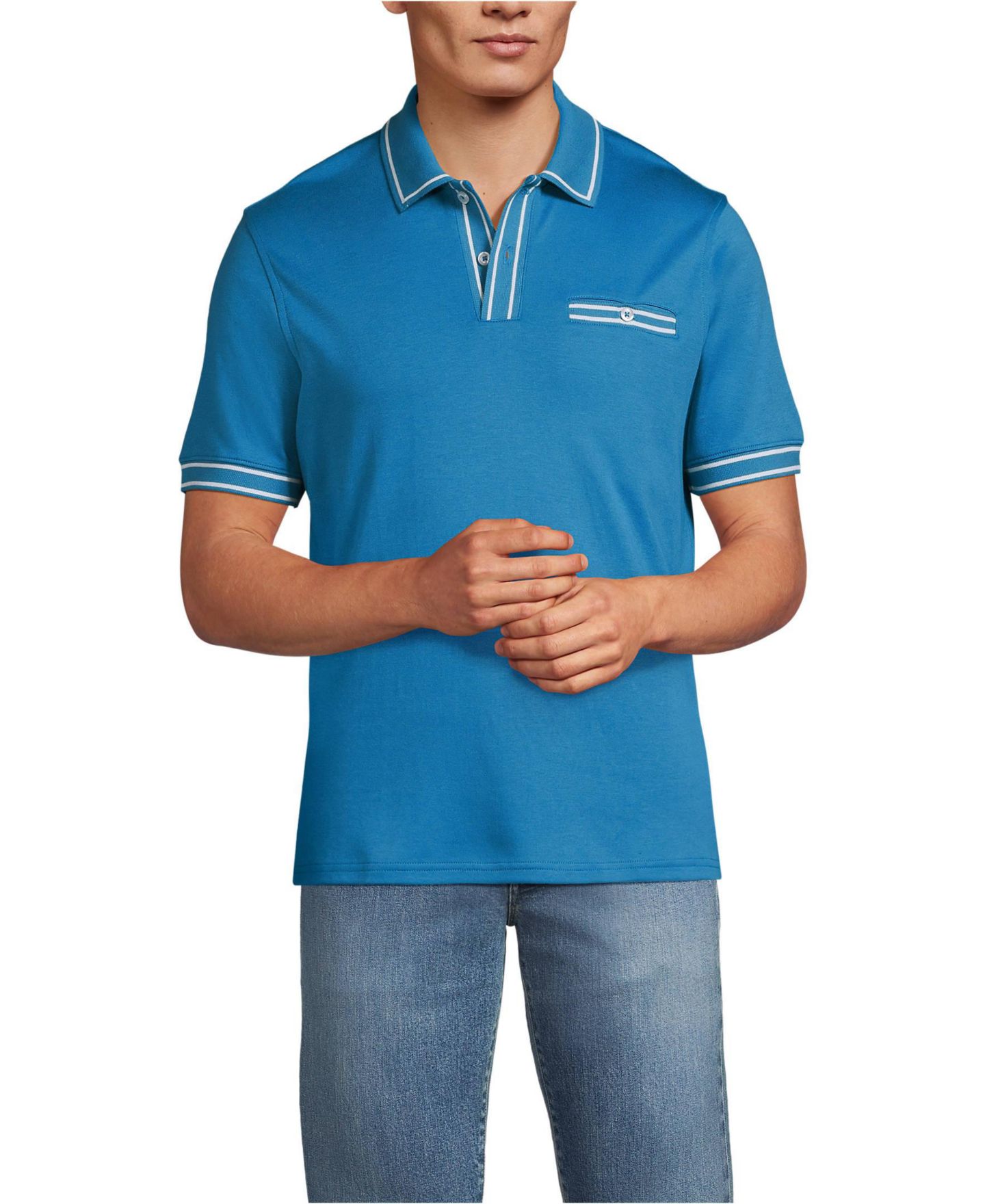 Мужское поло Lands' End Short Sleeve Tipped Welt Pocket Supima Polo, цвет: Синий — фото 1